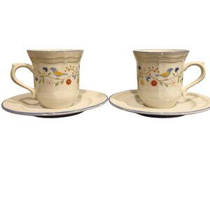 Vtg BrickOven Stoneware Mugs & saucer set 4pc  Heritage Pattern Birds  Flowers